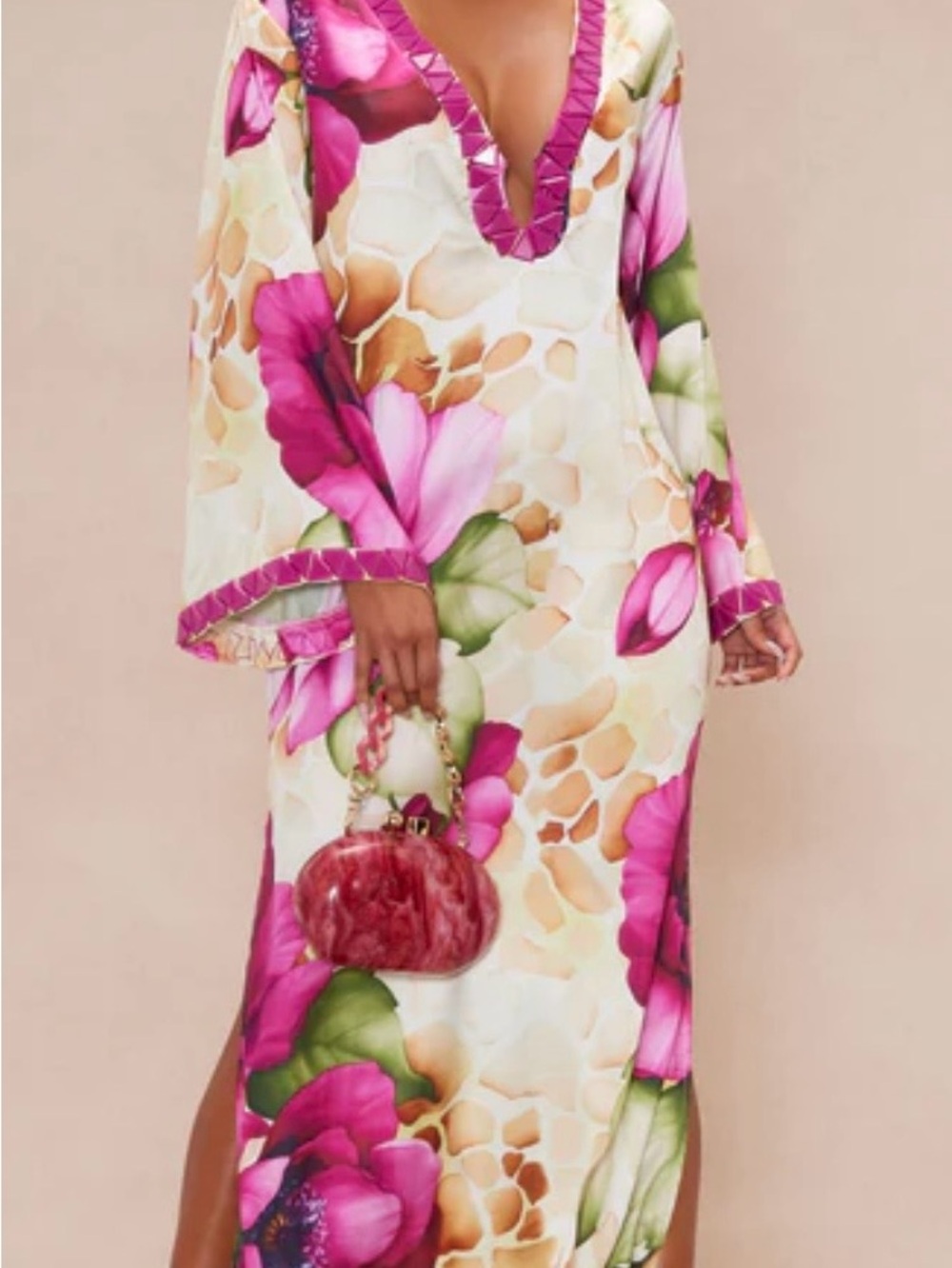 Floral V-Neck Maxi Dress in Pink and Cream